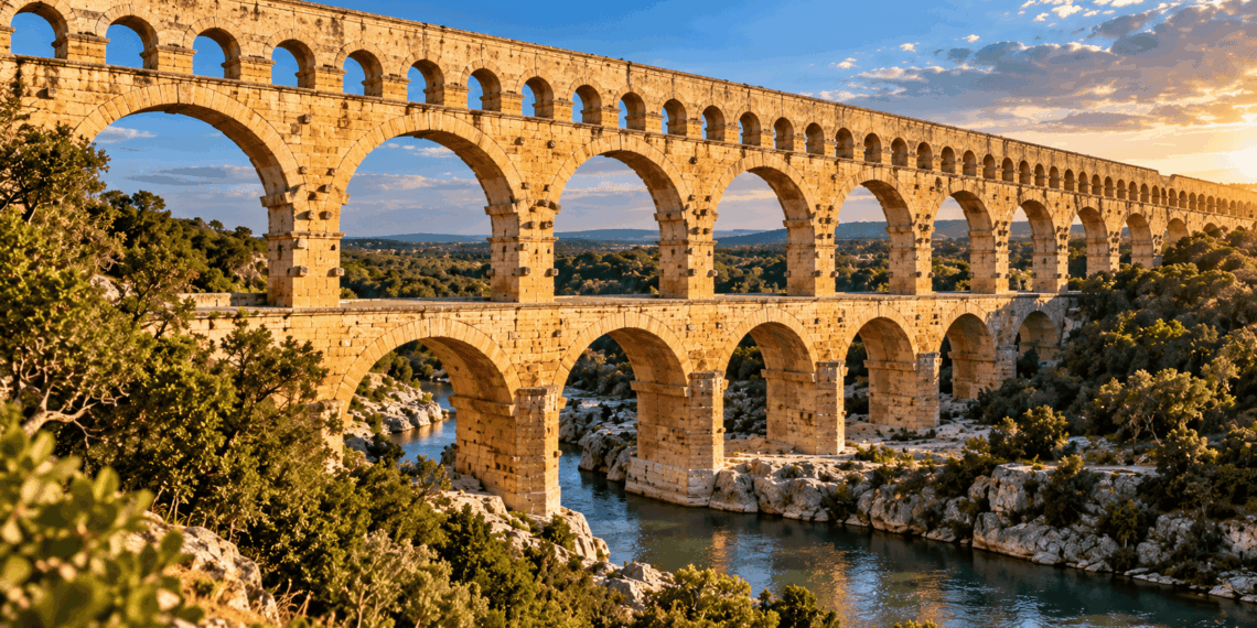 Aqueduto romano Pont du Gard, na França, com seus arcos monumentais de pedra atravessando um vale sobre um rio.