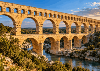 Aqueduto romano Pont du Gard, na França, com seus arcos monumentais de pedra atravessando um vale sobre um rio.