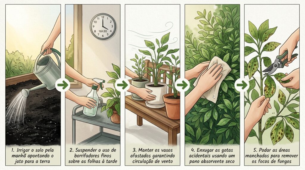 O erro ao molhar as folhas da planta à noite que atrai manchas marrons e ferrugem