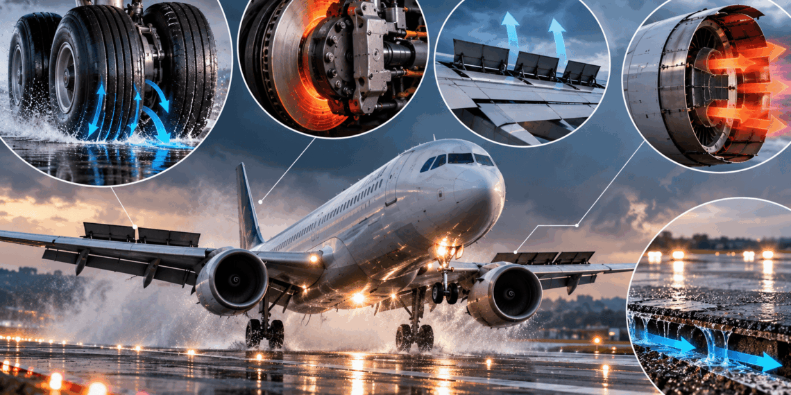 Avião comercial pousando em uma pista molhada, com ilustrações técnicas de pneus aeronáuticos, freios, spoilers, reversores de empuxo e drenagem do pavimento.