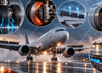 Avião comercial pousando em uma pista molhada, com ilustrações técnicas de pneus aeronáuticos, freios, spoilers, reversores de empuxo e drenagem do pavimento.