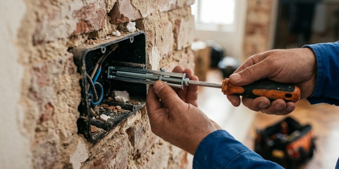 Foi empurrar o plugue na tomada da parede e o miolo afundou inteiro para o oco do conduíte? A orelha plástica de fixação ressecou e partiu