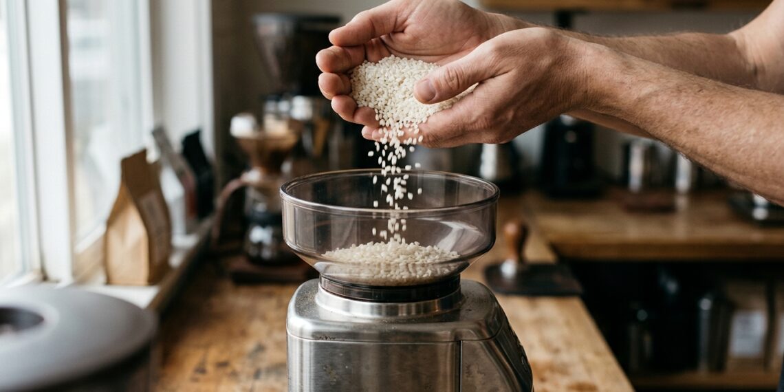 O moinho de café faz um ruído estranho e a bebida sabe a ranço? O arroz cru é a esponja que limpa as mós de aço