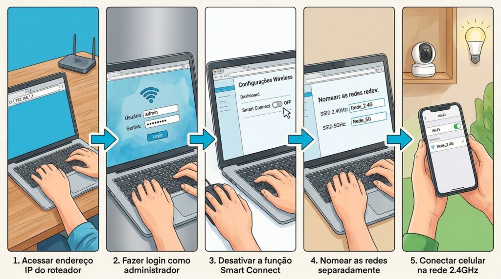 A lâmpada Smart ou tomada inteligente pisca, mas não conecta no Wi-Fi de jeito nenhum? O conflito invisível das frequências do roteador