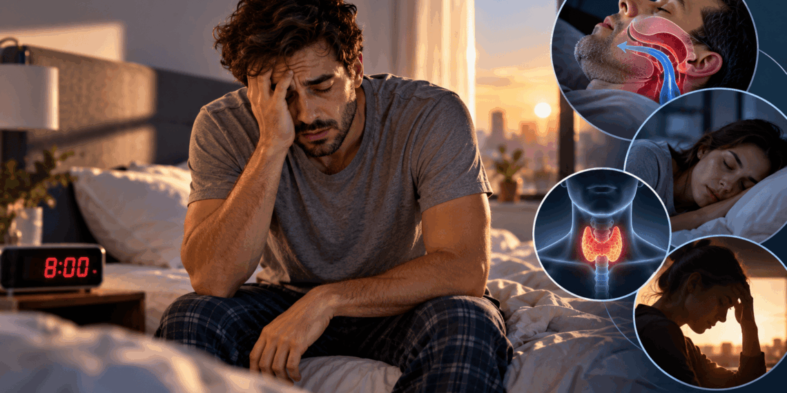 Homem acordando cansado após oito horas de sono, com ilustrações de apneia do sono, alterações da tireoide e dor de cabeça associadas à fadiga matinal.