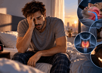 Homem acordando cansado após oito horas de sono, com ilustrações de apneia do sono, alterações da tireoide e dor de cabeça associadas à fadiga matinal.