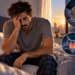 Homem acordando cansado após oito horas de sono, com ilustrações de apneia do sono, alterações da tireoide e dor de cabeça associadas à fadiga matinal.
