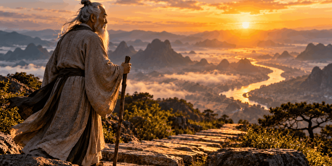 Sábio oriental com cajado diante de uma longa escadaria de pedra e um vale montanhoso iluminado pelo nascer do sol.