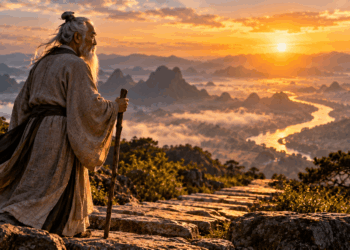 Sábio oriental com cajado diante de uma longa escadaria de pedra e um vale montanhoso iluminado pelo nascer do sol.