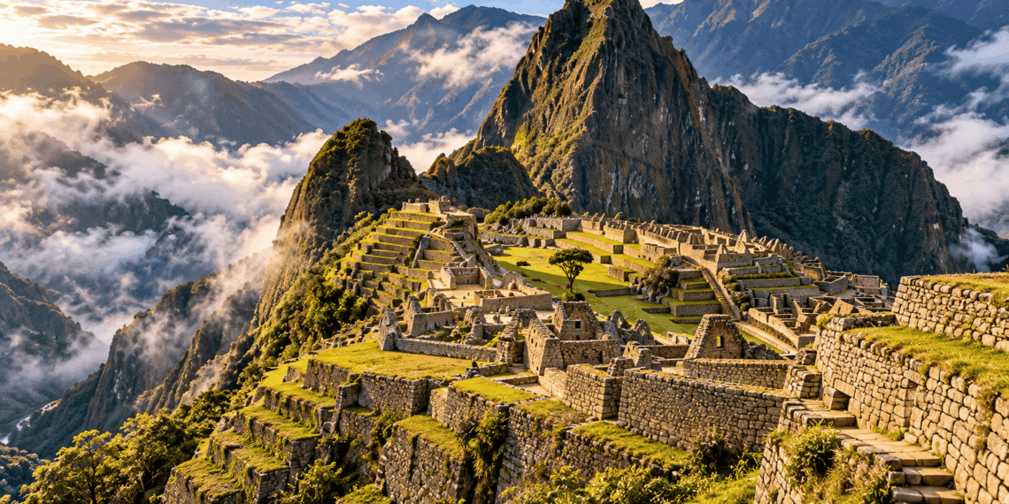 Machu Picchu no alto dos Andes peruanos, com terraços agrícolas, muros de pedra e montanhas cercadas por nuvens.