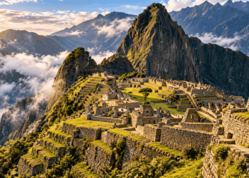 Machu Picchu no alto dos Andes peruanos, com terraços agrícolas, muros de pedra e montanhas cercadas por nuvens.