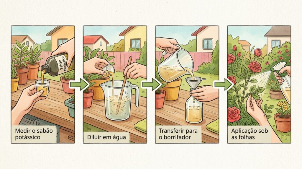 Os pulgões estão a devorar as folhas tenras das suas roseiras? A solução de sabão de potássio destrói a armadura do inseto
