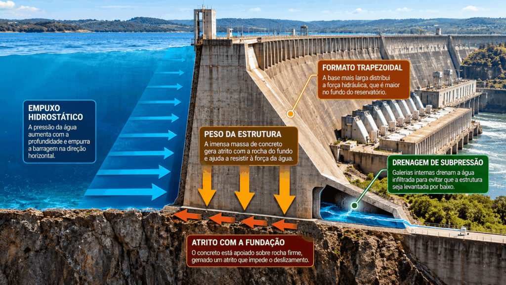 Barragem de concreto com reservatório de água, mostrando a pressão hidrostática, o peso da estrutura, a fundação rochosa e as galerias de drenagem.