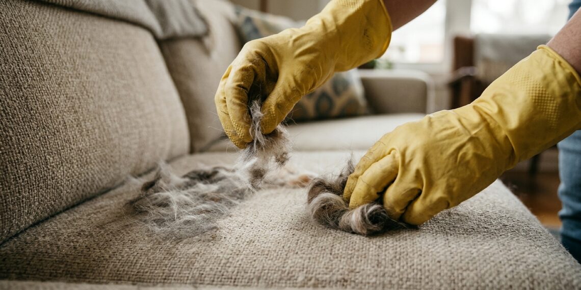 O truque da luva de borracha úmida que arranca todos os pelos de pet do sofá em uma passada
