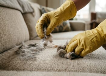 O truque da luva de borracha úmida que arranca todos os pelos de pet do sofá em uma passada