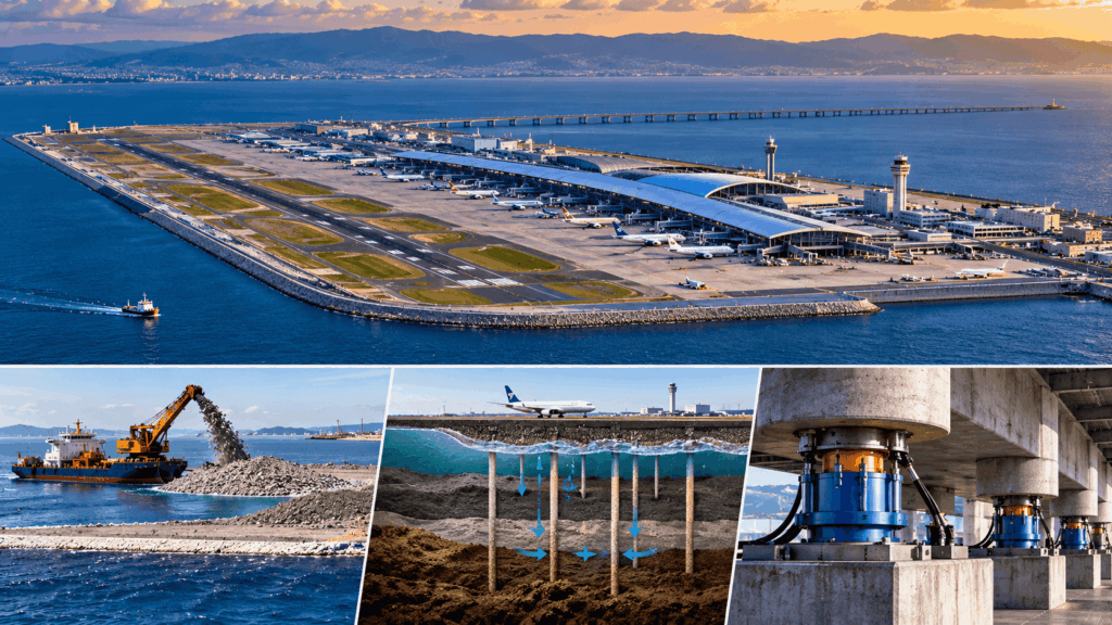 Construção de uma ilha artificial para o aeroporto de Kansai, no Japão, com embarcações depositando rochas e material de aterro no mar.