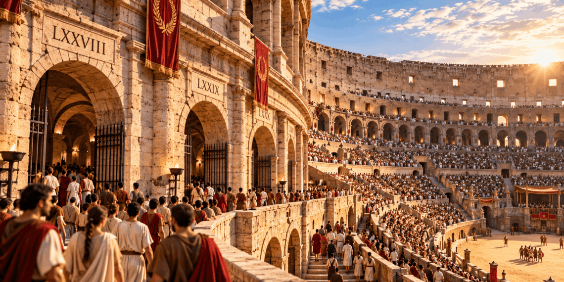Coliseu de Roma na Antiguidade, com espectadores circulando pelos arcos de entrada, corredores e escadarias que davam acesso às arquibancadas.
