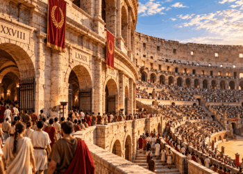 Coliseu de Roma na Antiguidade, com espectadores circulando pelos arcos de entrada, corredores e escadarias que davam acesso às arquibancadas.