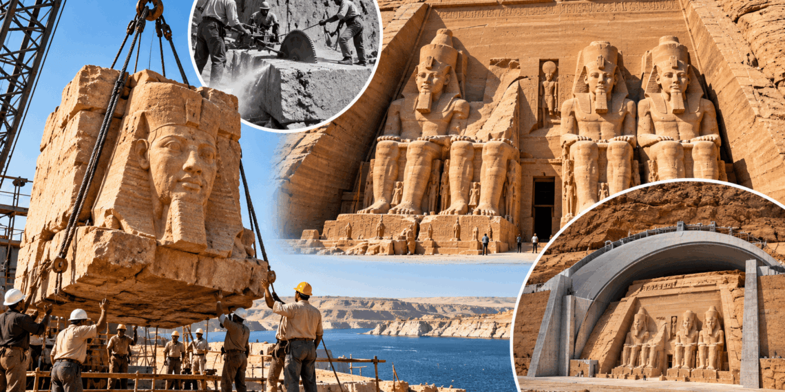 Templos de Abu Simbel, no Egito, com estátuas monumentais de Ramsés II e representação da operação de corte, içamento e reconstrução das pedras para evitar a inundação pelo reservatório da Represa de Assuã.