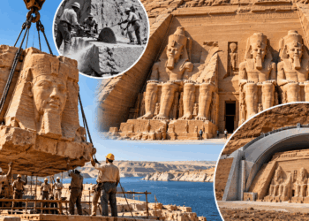 Templos de Abu Simbel, no Egito, com estátuas monumentais de Ramsés II e representação da operação de corte, içamento e reconstrução das pedras para evitar a inundação pelo reservatório da Represa de Assuã.