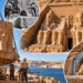 Templos de Abu Simbel, no Egito, com estátuas monumentais de Ramsés II e representação da operação de corte, içamento e reconstrução das pedras para evitar a inundação pelo reservatório da Represa de Assuã.