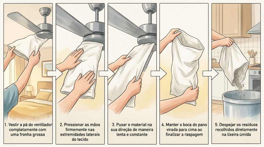 O truque da fronha velha para limpar o ventilador de teto sem derrubar poeira na cama