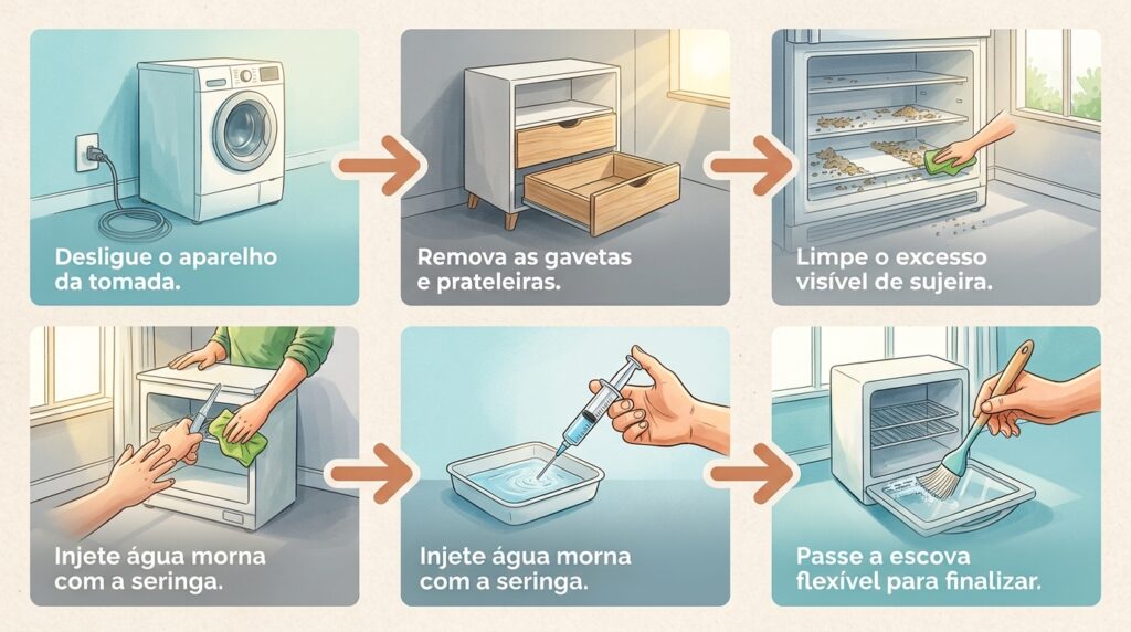 O fundo da geladeira frost-free amanhece constantemente com uma poça d'água misteriosa? O canal de degelo interno formou uma rolha de lodo