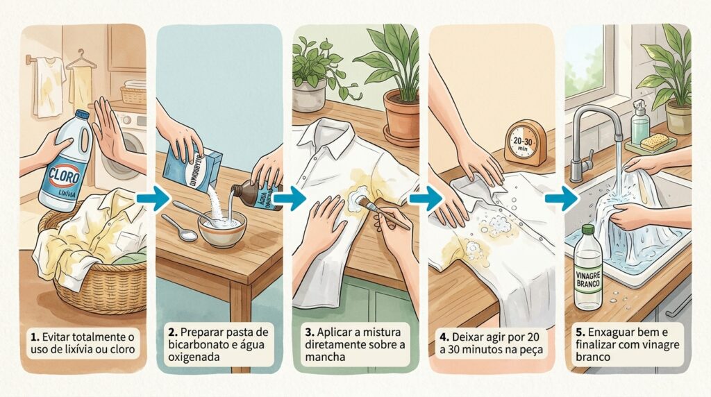 Usou lixívia para branquear uma camisa suada e ela ficou com manchas intensamente amarelas? A reação alcalina com as proteínas corporais