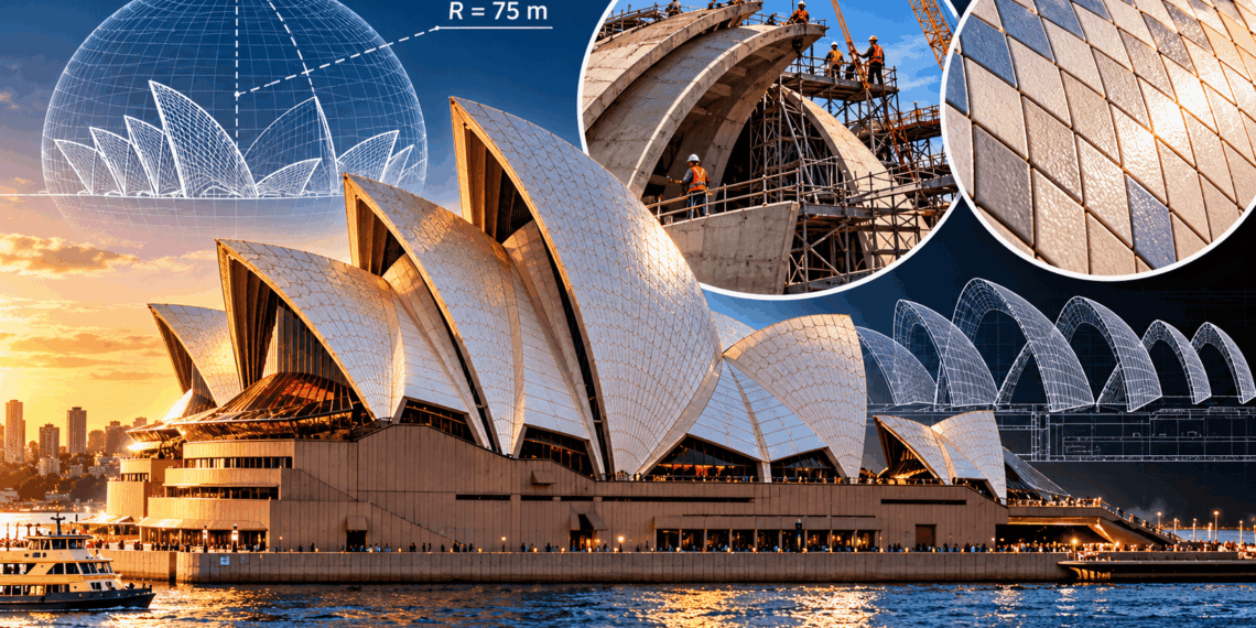 As dez conchas curvas do telhado da Ópera de Sydney vistas de um ângulo arquitetônico.