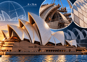 As dez conchas curvas do telhado da Ópera de Sydney vistas de um ângulo arquitetônico.