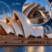 As dez conchas curvas do telhado da Ópera de Sydney vistas de um ângulo arquitetônico.