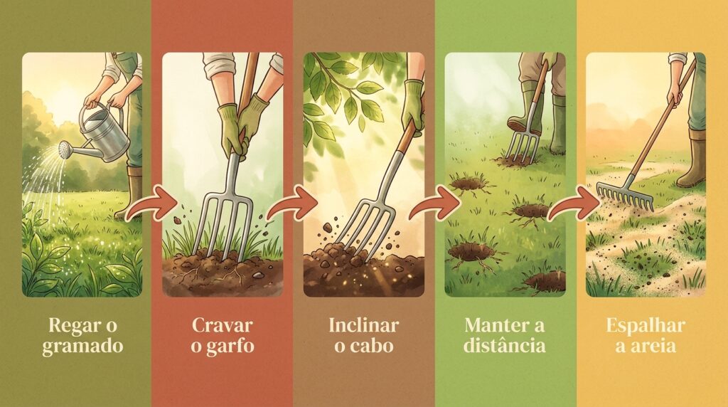 O gramado está com falhas amarelas e a água empoça na superfície quando chove? A técnica de aeração com garfo devolve a vida à grama