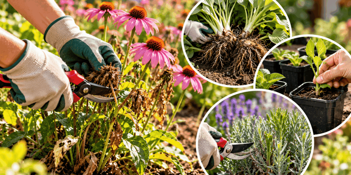 Jardineiro usando tesouras de poda para retirar hastes secas de plantas perenes, com exemplos de divisão de raízes e produção de mudas.