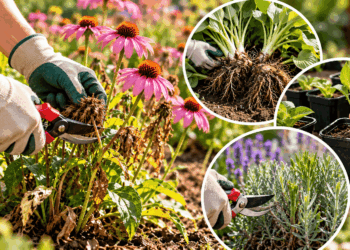 Jardineiro usando tesouras de poda para retirar hastes secas de plantas perenes, com exemplos de divisão de raízes e produção de mudas.