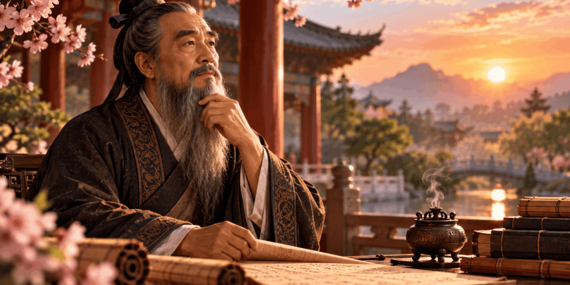 Estudioso chinês examinando manuscritos em um ambiente tradicional.