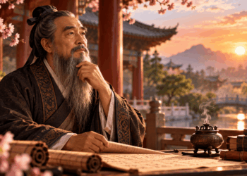 Estudioso chinês examinando manuscritos em um ambiente tradicional.