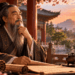 Estudioso chinês examinando manuscritos em um ambiente tradicional.