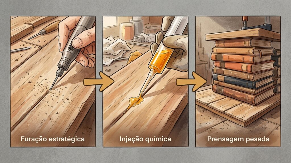 O piso de taco de madeira estala e afunda ligeiramente quando você pisa? A cola asfáltica original ressecou e soltou a régua do chão
