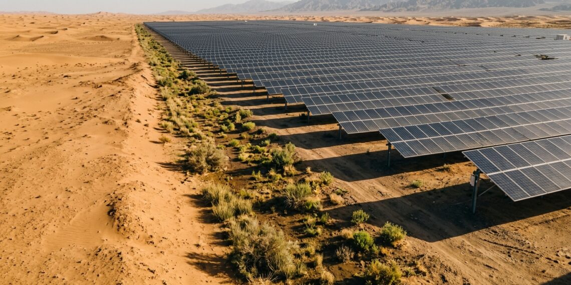 Painéis solares no deserto chinês criam áreas sombreadas com solo mais úmido e vegetação rasteira.